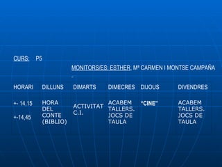CURS:      P5
                           MONITORS/ES: ESTHER, Mª CARMEN I MONTSE CAMPAÑA


HORARI          DILLUNS    DIMARTS     DIMECRES DIJOUS       DIVENDRES

+- 14,15        HORA                 ACABEM      “CINE”      ACABEM
                DEL        ACTIVITAT TALLERS.                TALLERS.
                CONTE      C.I.      JOCS DE                 JOCS DE
+-14,45
                (BIBLIO)             TAULA                   TAULA
 