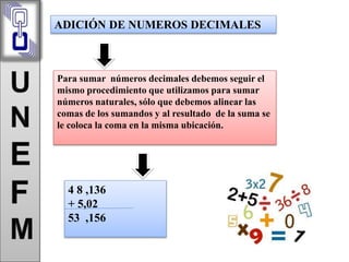 ADICIÓN DE NUMEROS DECIMALES 
Para sumar números decimales debemos seguir el 
mismo procedimiento que utilizamos para suma...