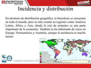 Incidencia y distribución
En términos de distribución geográfica, la brucelosis se encuentra
en todo el mundo, pero es más común en regiones como América
Latina, África y Asia, donde la cría de animales es una parte
importante de la economía. También se ha informado de casos en
Europa, Norteamérica y Australia, aunque la incidencia es mucho
menor.
 