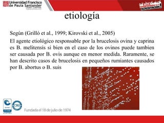 etiología
Según (Grilló et al., 1999; Kirovski et al., 2005)
El agente etiológico responsable por la brucelosis ovina y caprina
es B. melitensis si bien en el caso de los ovinos puede tambien
ser causada por B. ovis aunque en menor medida. Raramente, se
han descrito casos de brucelosis en pequeños rumiantes causados
por B. abortus o B. suis
 