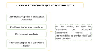 ALGUNAS SITUACIONES QUE NO SON VIOLENCIA
Diferencias de opinión o desacuerdos
ocasionales
Situaciones propias de la convivencia
escolar
Corrección de conducta
Establecer límites o normas claras En ese sentido, no todas las
situaciones que involucran
desacuerdos, críticas o
malentendidos se pueden clasificar
como violencia.
 