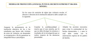 MEDIDAS DE PROTECCIÓN (ANEXO 04. PUNTO II. DECRETO SUPREMO N° 004-2018-
MINEDU)
En los casos de comisión de algún tipo violencia escolar, el
director o directora de la institución educativa debe cumplir con
lo siguiente
Asegurar la permanencia en la
institución educativa de los o las
estudiantes que hayan sido víctimas
de actos de violencia, sin desatender
su recuperación a fin de garantizar su
integridad física o psicológica.
Cautelar la confidencialidad y
reserva que el caso amerita, por lo
que no debe divulgar los alcances o
resultados de la investigación que se
realice respecto de las denuncias
presentadas.
Adoptar las acciones necesarias
para evitar la continuidad de los
hechos denunciados, (…) para lo
cual debe contar con la
autorización expresa de los padres
de familia.
 
