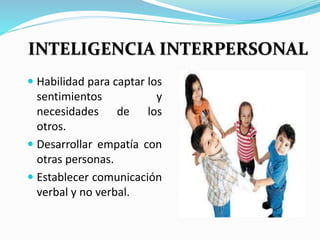 INTELIGENCIA INTERPERSONAL 
 Habilidad para captar los 
sentimientos y 
necesidades de los 
otros. 
 Desarrollar empatía con 
otras personas. 
 Establecer comunicación 
verbal y no verbal. 
 