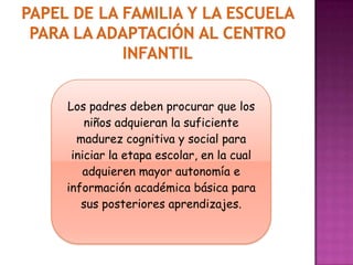 Los padres deben procurar que los
    niños adquieran la suficiente
  madurez cognitiva y social para
 iniciar la etapa escolar, en la cual
    adquieren mayor autonomía e
información académica básica para
   sus posteriores aprendizajes.
 