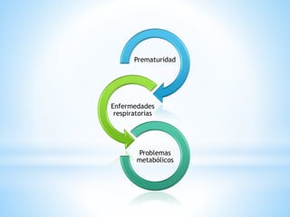 Prematuridad 
Enfermedades 
respiratorias 
Problemas 
metabólicos 
 