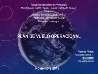 PLAN DE VUELO OPERACIONAL
Alumno Piloto:
Giancarlo Merlotti R.
Instructor:
Cap.Victor Amaya
Noviembre 2018
Republica Boliv...