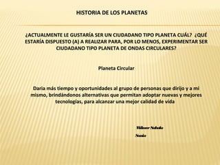 HISTORIA DE LOS PLANETAS


¿ACTUALMENTE LE GUSTARÍA SER UN CIUDADANO TIPO PLANETA CUÁL? ¿QUÉ
ESTARÍA DISPUESTO (A) A REALIZAR PARA, POR LO MENOS, EXPERIMENTAR SER
            CIUDADANO TIPO PLANETA DE ONDAS CIRCULARES?


                              Planeta Circular


   Daria más tiempo y oportunidades al grupo de personas que dirijo y a mi
  mismo, brindándonos alternativas que permitan adoptar nuevas y mejores
            tecnologías, para alcanzar una mejor calidad de vida



                                                 W er Sabala
                                                  ilm
                                                 Sonia
 
