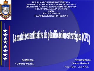 REPUBLICA BOLIVARIANA DE VENEZUELA
MINISTERIO DEL PODER POPULAR PARA LA DEFENSA
UNIVERSIDAD NACIONAL EXPERIMENTAL POLITECNICA
DE LA FUERZA ARMADA NACIONAL
UNEFA
NUCLEO CARACAS
PLANIFICACION ESTRATEGICA II
PresentadoresPresentadores::
* Alexis Graterol.* Alexis Graterol.
*Cap. (Ejer). Luis Ávila.*Cap. (Ejer). Luis Ávila.
ProfesoraProfesora::
* Cibeles Ponce.* Cibeles Ponce.
 