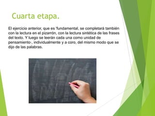 Cuarta etapa.
El ejercicio anterior, que es 'fundamental, se completará también
con la lectura en el pizarrón, con la lectura sintética de las frases
del texto. Y luego se leerán cada una como unidad de
pensamiento·, individualmente y a coro, del mismo modo que se
dijo de las palabras.
 