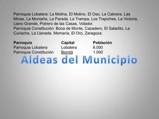 Parroquia Lobatera: La Molina, El Molino, El Oso, La Cabrera, Las Minas, La Montaña, La Parada, La Trampa, Los Trapiches, La Victoria, Llano Grande, Potrero de las Casas, Volador.Parroquia Constitución: Boca de Monte, Cazadero, El Saladito, La Curiacha, La Llanada, Momaría, El Oro, Zaragoza.ParroquiaCapitalPoblaciónParroquia LobateraLobatera6.000Parroquia ConstituciónBorotá1.000Aldeas del Municipio