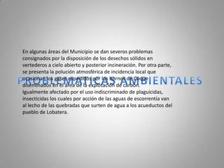 En algunas áreas del Municipio se dan severos problemasconsignados por la disposición de los desechos sólidos envertederos a cielo abierto y posterior incineración. Por otra parte,se presenta la polución atmosférica de incidencia local queocasionan los gases expedidos por los hornos de Coquediseminados en el área de la explotación de carbón.Igualmente afectado por el uso indiscriminado de plaguicidas,insecticidas los cuales por acción de las aguas de escorrentía vanal lecho de las quebradas que surten de agua a los acueductos delpueblo de Lobatera.PROBLEMATICAS AMBIENTALES