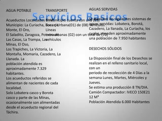 AGUAS SERVIDAS Se localizan los siguientes sistemas de aguas servidas: Lobatera, Borotá,Cazadero, La llanada, La Curiacha, los cuales atienden aproximadamenteuna población de 7.950 habitantesAGUA POTABLE Acueductos Localizados en el Municipio: La Curiacha, Boca de Monte, El Oro,El Saladito, Zaragoza, Potrero de Las Casas, La Trampa, Las Minas, El Oso,Los Trapiches, La Victoria, La Montaña, Momaria, Cazadero, La Llanada. Lapoblación atendida es aproximadamente 7.329 habitantes.Los acueductos referidos se alimentan de nacientes de cada localidad.Solo Lobatera casco y Borota casco y parte de las Minas,ocasionalmente son alimentadas desde el acueducto regional del Táchira.TRANSPORTE El Municipio cuenta con una (03) líneas, Urbana(01) de (08) vehículos . Líneasextraurbanas (02) con un total de (70) vehículosServiciosBasicosDESECHOS SÓLIDOS La Disposición final de los Desechos se realizan en el relleno sanitario local, con unperiodo de recolección de 4 Días a la semana Lunes, Martes, Miércoles y Jueves.Se estima una producción 8 TN/DIA.Camión Compactador: IVECO 150E21 12 M³Población Atendida 6.000 Habitantes