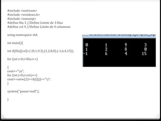 #include <iostream>
#include <windows.h>
#include <iomanip>
#define fila 3 //Define Limite de 3 filas
#define col 4 //Define Limite de 4 columnas

using namespace std;

int main(){

int A[fila][col]={ {0,1,9,3},{1,2,8,0},{-1,6,4,15}};

for (int i=0;i<fila;i++)

{
cout<<"n";
for (int j=0;j<col;j++)
cout<<setw(2)<<A[i][j]<<"t";
}

system("pause>null");

}
 