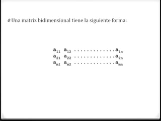 0 Una matriz bidimensional tiene la siguiente forma:




                   a11 a12 .............a1n
                   a21 a22 .............a2n
                   am1 am2 .............amn
 