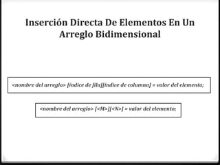 Inserción Directa De Elementos En Un
             Arreglo Bidimensional




<nombre del arreglo> [índice de fila][índice de columna] = valor del elemento;



           <nombre del arreglo> [<M>][<N>] = valor del elemento;
 