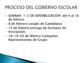    SEMANA 1-2 DE SENSIBILIZACION del 4 al 16
    de febrero
   8 de febrero Listado de Candidatos
   15 de febrero entrega de formatos de
    Inscripción.
   18-19-20 de febrero Campañas
    Representantes de Grupo
 