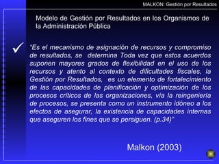 Modelo de Gestión por Resultados en los Organismos de la Administración Pública MALKON: Gestión por Resultados “ Es el mecanismo de asignación de recursos y compromiso de resultados, se  determina Toda vez que estos acuerdos suponen mayores grados de flexibilidad en el uso de los recursos y atento al contexto de dificultades fiscales, la Gestión por Resultados,  es un elemento de fortalecimiento de las capacidades de planificación y optimización de los procesos críticos de las organizaciones, vía la reingeniería de procesos, se presenta como un instrumento idóneo a los efectos de asegurar, la existencia de capacidades internas que aseguren los fines que se persiguen. (p.34) ”   Malkon (2003)  
