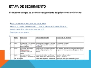 ETAPA DE SEGUIMIENTO
Se muestra ejemplo de planilla de seguimiento del proyecto en dos cursos:

 