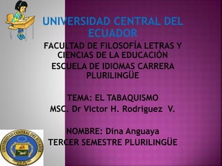 UNIVERSIDAD CENTRAL DEL
ECUADOR
FACULTAD DE FILOSOFÍA LETRAS Y
CIENCIAS DE LA EDUCACIÓN
ESCUELA DE IDIOMAS CARRERA
PLURILINGÜE
TEMA: EL TABAQUISMO
MSC. Dr Victor H. Rodriguez V.
NOMBRE: Dina Anguaya
TERCER SEMESTRE PLURILINGÜE
 