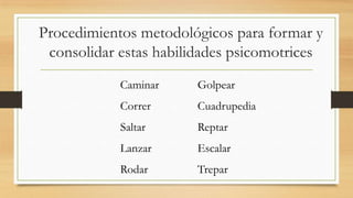 Procedimientos metodológicos para formar y
consolidar estas habilidades psicomotrices
Caminar

Golpear

Correr

Cuadrupedia

Saltar

Reptar

Lanzar

Escalar

Rodar

Trepar

 