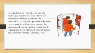• La estructuración espacial se refiere a la
noción que construye el niño a través del
movimiento, el desplazamiento y la
orientación en el espacio, punto de relación su
cuerpo, con los objetos, las personas y las
situaciones del medio natural y social que le
rodea, así como su ubicación espacial (cerca,
lejos, adelante, derecha, izquierda, etc.).

 