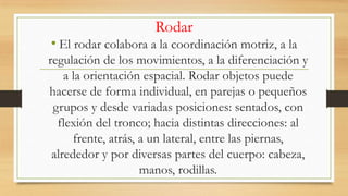 Rodar

• El rodar colabora a la coordinación motriz, a la
regulación de los movimientos, a la diferenciación y
a la orientación espacial. Rodar objetos puede
hacerse de forma individual, en parejas o pequeños
grupos y desde variadas posiciones: sentados, con
flexión del tronco; hacia distintas direcciones: al
frente, atrás, a un lateral, entre las piernas,
alrededor y por diversas partes del cuerpo: cabeza,
manos, rodillas.

 