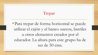 Trepar

• Para trepar de forma horizontal se puede
utilizar el cajón y el banco suecos, barriles
u otros elementos creados por el
educador. La altura para este grupo ha de
ser de 50 cms.

 