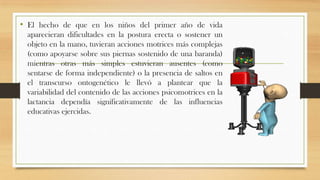 • El hecho de que en los niños del primer año de vida
aparecieran dificultades en la postura erecta o sostener un
objeto en la mano, tuvieran acciones motrices más complejas
(como apoyarse sobre sus piernas sostenido de una baranda)
mientras otras más simples estuvieran ausentes (como
sentarse de forma independiente) o la presencia de saltos en
el transcurso ontogenético le llevó a plantear que la
variabilidad del contenido de las acciones psicomotrices en la
lactancia dependía significativamente de las influencias
educativas ejercidas.

 