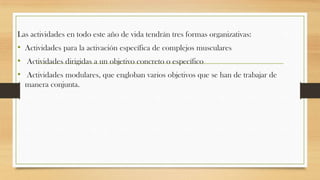 Las actividades en todo este año de vida tendrán tres formas organizativas:

• Actividades para la activación específica de complejos musculares
• Actividades dirigidas a un objetivo concreto o específico
• Actividades modulares, que engloban varios objetivos que se han de trabajar de
manera conjunta.

 