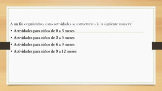 A un fin organizativo, estas actividades se estructuran de la siguiente manera:
• Actividades para niños de 0 a 3 meses
• Actividades para niños de 3 a 6 meses
• Actividades para niños de 6 a 9 meses
• Actividades para niños de 9 a 12 meses

 