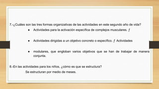 7.-¿Cuáles son las tres formas organizativas de las actividades en este segundo año de vida?
●

Actividades para la activación específica de complejos musculares. ƒ

●

Actividades dirigidas a un objetivo concreto o específico. ƒ Actividades

●

modulares, que engloban varios objetivos que se han de trabajar de manera
conjunta.

8.-En las actividades para los niños, ¿cómo es que se estructura?

Se estructuran por medio de meses.

 