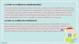 ¿ Cómo se realiza la cuadrupedia?
En cuatro puntos de apoyo, es decir, sobre pies y manos, y por los peldaños de una escalera
colocada sobre el suelo. Mediante la cuadrupedia se fomenta la coordinación, la orientación
y el equilibrio, puede ser libre y entre obstáculos, y hacia diferentes direcciones, lo cual se
motiva colocando objetos a cierta distancia para llegar a ellos. Las sendas deben tener un
ancho aproximado de 50 cms. y pueden ser rectas, onduladas y en zig-zag.
¿Cómo se realiza la reptación?
Puede hacerse mediante obstáculos para pasar por debajo, su altura debe ser pequeña
(aproximadamente 20 cms.) para facilitar que se arrastre. Los obstáculos cubrirán un área
que permitan al niño desplazarse de esta forma una cierta distancia. Para esta actividad
pueden utilizarse mesas, tablas, bancos, escaleras y algún juguete para motivar.

 