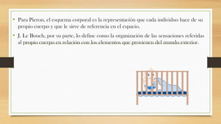 • Para Pieron, el esquema corporal es la representación que cada individuo hace de su
propio cuerpo y que le sirve de referencia en el espacio.

• J. Le Bouch, por su parte, lo define como la organización de las sensaciones referidas
al propio cuerpo en relación con los elementos que provienen del mundo exterior.

 