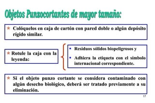 17
 Colóquelos en caja de cartón con pared doble o algún depósito
rígido similar.
 Si el objeto punzo cortante se considera contaminado con
algún desecho biológico, deberá ser tratado previamente a su
eliminación.
Rotule la caja con la
leyenda:
 Residuos sólidos biopeligrosos y
 Adhiera la etiqueta con el símbolo
internacional correspondiente.
 