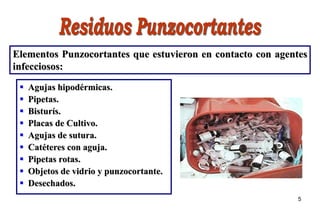 5
Elementos Punzocortantes que estuvieron en contacto con agentes
infecciosos:
 Agujas hipodérmicas.
 Pipetas.
 Bisturís.
 Placas de Cultivo.
 Agujas de sutura.
 Catéteres con aguja.
 Pipetas rotas.
 Objetos de vidrio y punzocortante.
 Desechados.
 