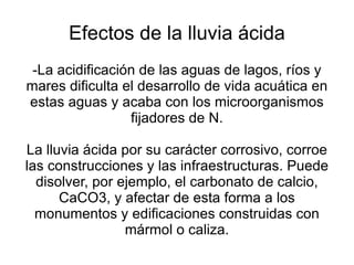 Efectos de la lluvia ácida -La acidificación de las aguas de lagos, ríos y mares dificulta el desarrollo de vida acuática en estas aguas y acaba con los microorganismos fijadores de N. La lluvia ácida por su carácter corrosivo, corroe las construcciones y las infraestructuras. Puede disolver, por ejemplo, el carbonato de calcio, CaCO3, y afectar de esta forma a los monumentos y edificaciones construidas con mármol o caliza. 