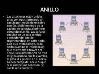 ANILLO
• Las estaciones están unidas
unas con otras formando un
círculo por medio de un cable
común. El último nodo de la
cadena se conecta al primero
cerrando el anillo. Las señales
circulan en un solo sentido
alrededor del círculo,
regenerándose en cada nodo.
Con esta metodología, cada
nodo examina la información
que es enviada a través del
anillo. Si la información no está
dirigida al nodo que la examina,
la pasa al siguiente en el anillo.
La desventaja del anillo es que
si se rompe una conexión, se
cae la red completa.
 