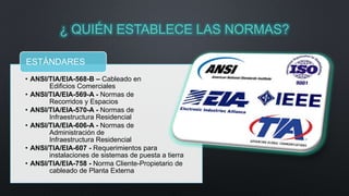 ¿ QUIÉN ESTABLECE LAS NORMAS? 
ESTÁNDARES 
• ANSI/TIA/EIA-568-B – Cableado en 
Edificios Comerciales 
• ANSI/TIA/EIA-569-A - Normas de 
Recorridos y Espacios 
• ANSI/TIA/EIA-570-A - Normas de 
Infraestructura Residencial 
• ANSI/TIA/EIA-606-A - Normas de 
Administración de 
Infraestructura Residencial 
• ANSI/TIA/EIA-607 - Requerimientos para 
instalaciones de sistemas de puesta a tierra 
• ANSI/TIA/EIA-758 - Norma Cliente-Propietario de 
cableado de Planta Externa 
 