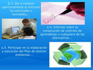 a .3. Dar a conocer oportunamente al instrutor las solicitudes o novedades... a.4. Informar sobre la consecución de contrato de aprendizaje o cualquiera de las alternativas... a.5. Participar en la elaboración y ejecución del Plan de Gestion Ambiental... 