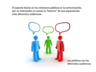 El aspecto básico en las relaciones públicas es la
comunicación, por su intermedio se cuenta la “historia” de una
organización ante diferentes audiencias.




                                                 Los públicos son las
                                                 diferentes audiencias
 