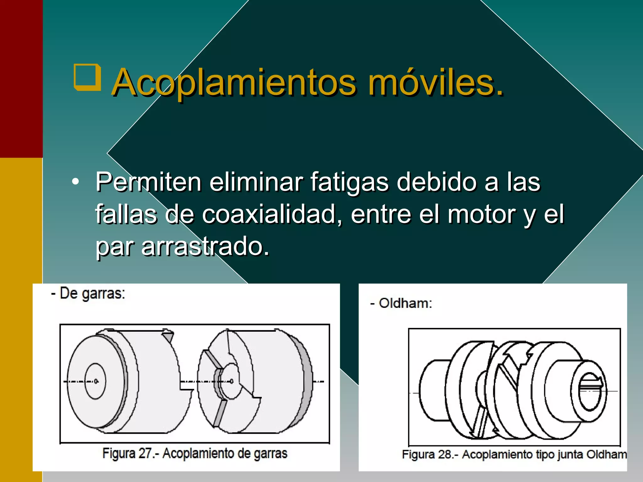  Acoplamientos móviles.Acoplamientos móviles.
• Permiten eliminar fatigas debido a lasPermiten eliminar fatigas debido a las
fallas de coaxialidad, entre el motor y elfallas de coaxialidad, entre el motor y el
par arrastrado.par arrastrado.
 