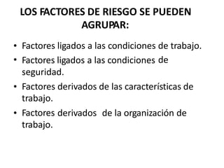 LOS FACTORES DE RIESGO SE PUEDEN
AGRUPAR:
•
•
Factores ligados a las condiciones
Factores ligados a las condiciones
seguridad.
de trabajo.
de
• Factores
trabajo.
Factores
trabajo.
derivados de las características de
• derivados de la organización de
 