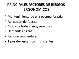 PRINCIPALES FACTORES DE RIESGOS
ERGONOMICOS
Mantenimiento de una postura forzada.
Aplicación de fuerza.
•
•
•
•
•
•
Ciclos de trabajo muy
Demandas físicas
repetidos.
Factores
Tipos de
ambientales
descansos insuficientes.
 