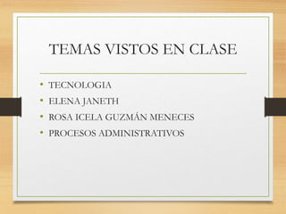 TEMAS VISTOS EN CLASE
• TECNOLOGIA
• ELENA JANETH
• ROSA ICELA GUZMÁN MENECES
• PROCESOS ADMINISTRATIVOS
 