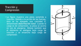 Tracción y
Compresión
• La figura muestra una pieza sometida a
tracción. Debido a la acción de las fuerzas,
ésta se ha alargado una cantidad δ,
denominada deformación total. Cuando la
carga es de compresión, la pieza se acorta
en vez de alargarse. Nótese también que
el elemento se adelgaza bajo carga de
tracción y se ensancha bajo carga de
compresión.
 