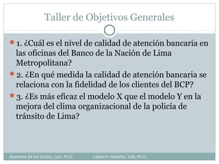 Taller de Objetivos Generales
1. ¿Cuál es el nivel de calidad de atención bancaria en
las oficinas del Banco de la Nación de Lima
Metropolitana?
2. ¿En qué medida la calidad de atención bancaria se
relaciona con la fidelidad de los clientes del BCP?
3. ¿Es más eficaz el modelo X que el modelo Y en la
mejora del clima organizacional de la policía de
tránsito de Lima?
Alzamora de los Godos, Luis. Ph.D. Calderón Saldaña, Jully Ph.D.
 