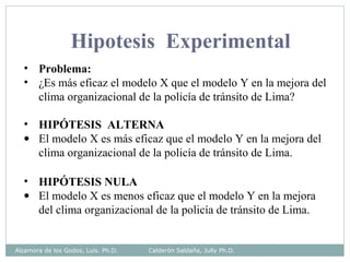 Hipotesis Experimental
• Problema:
• ¿Es más eficaz el modelo X que el modelo Y en la mejora del
clima organizacional de la policía de tránsito de Lima?
• HIPÓTESIS ALTERNA
• El modelo X es más eficaz que el modelo Y en la mejora del
clima organizacional de la policía de tránsito de Lima.
• HIPÓTESIS NULA
• El modelo X es menos eficaz que el modelo Y en la mejora
del clima organizacional de la policía de tránsito de Lima.
Alzamora de los Godos, Luis. Ph.D. Calderón Saldaña, Jully Ph.D.
 
