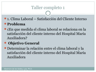 Taller completo 1
1. Clima Laboral – Satisfacción del Cliente Interno
Problema
¿En que medida el clima laboral se relaciona en la
satisfacción del cliente interno del Hospital María
Auxiliadora?
 Objetivo General
Determinar la relación entre el clima laboral y la
satisfacción del cliente interno del Hospital María
Auxiliadora
Alzamora de los Godos, Luis. Ph.D.
Calderón Saldaña, Jully Ph.D.
 