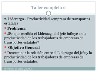 Taller completo 2
2. Liderazgo– Productividad /empresa de transportes
estatales
Problema
¿En que medida el Liderazgo del jefe influye en la
productividad de los trabajadores de empresas de
transportes estatales?
 Objetivo General
Determinar la relación entre el Liderazgo del jefe y la
productividad de los trabajadores de empresas de
transportes estatales.
Alzamora de los Godos, Luis. Ph.D.
Calderón Saldaña, Jully Ph.D.
 