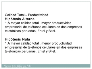 Alzamora de los Godos, Luis. Ph.D.
Calderón Saldaña, Jully Ph.D.
Calidad Total – Productividad
Hipótesis Alterna
1.A mayor calidad total , mayor productividad
empresarial de teléfonos celulares en dos empresas
telefónicas peruanas, Entel y Bitel.
Hipótesis Nula
1.A mayor calidad total , menor productividad
empresarial de teléfonos celulares en dos empresas
telefónicas peruanas, Entel y Bitel.
 